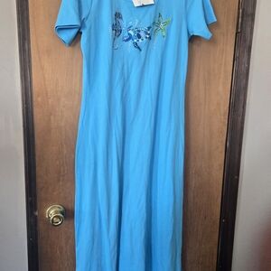 Quacker Factory Turquoise Maxi Dress with Sea Life Embellishments Beach Dress